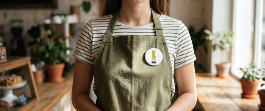 「家族介護経験談あります」の目印となるバッジを身につけたスタッフ